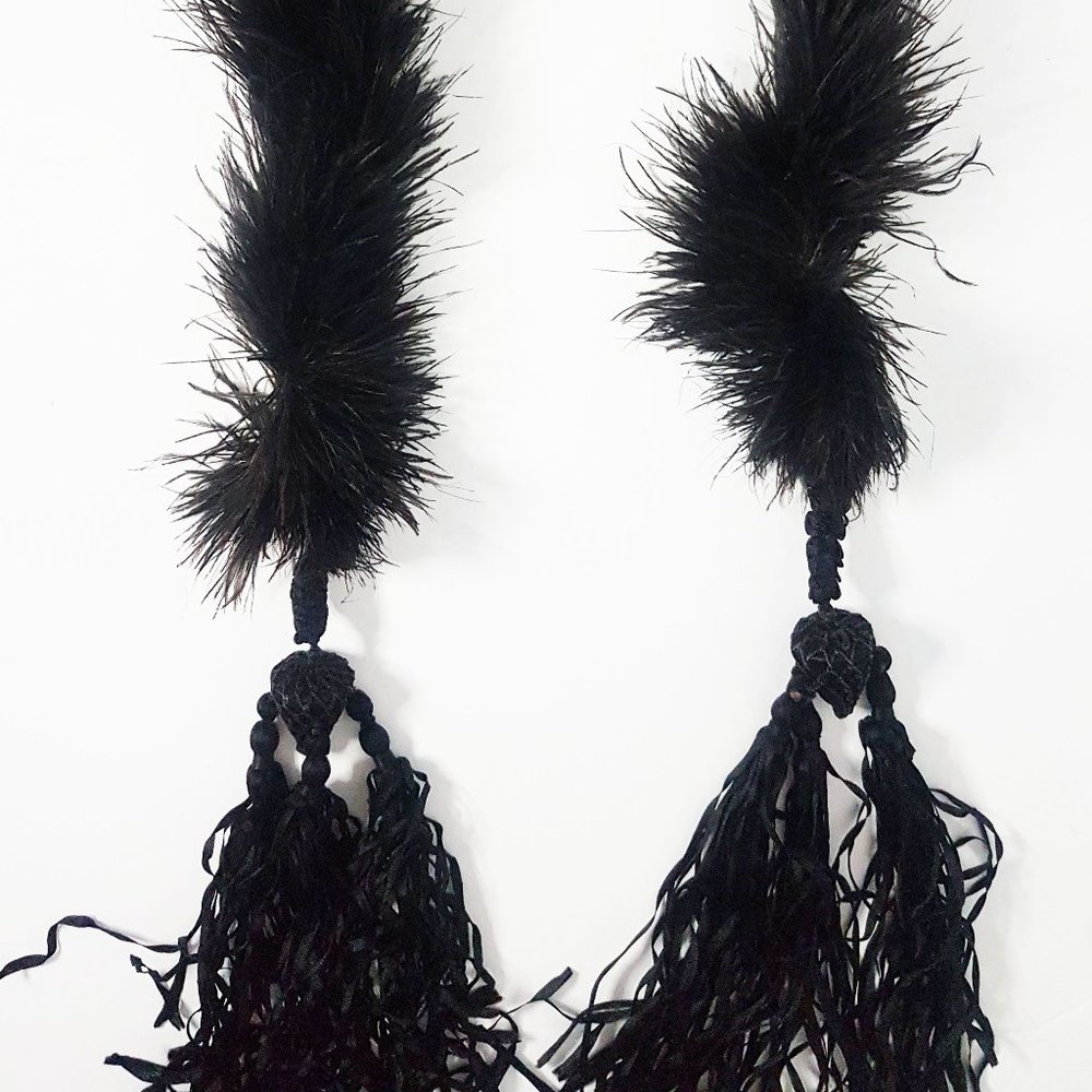 Vintage Ostrich Feather Tasseled Scarf, Art Deco Style Feather Scarf